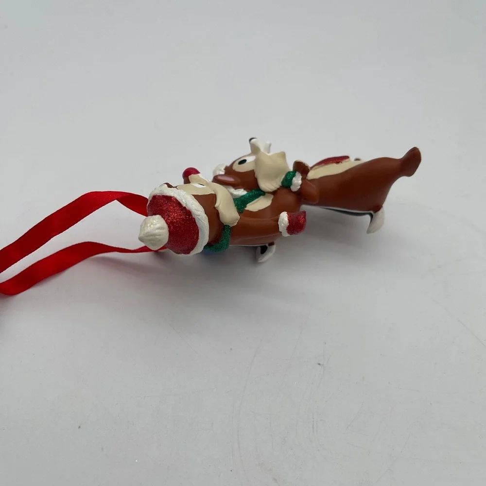 Disney Parks Chip n Dale Christmas Ornament Glitter Santa Hats Red Ribbon NWT